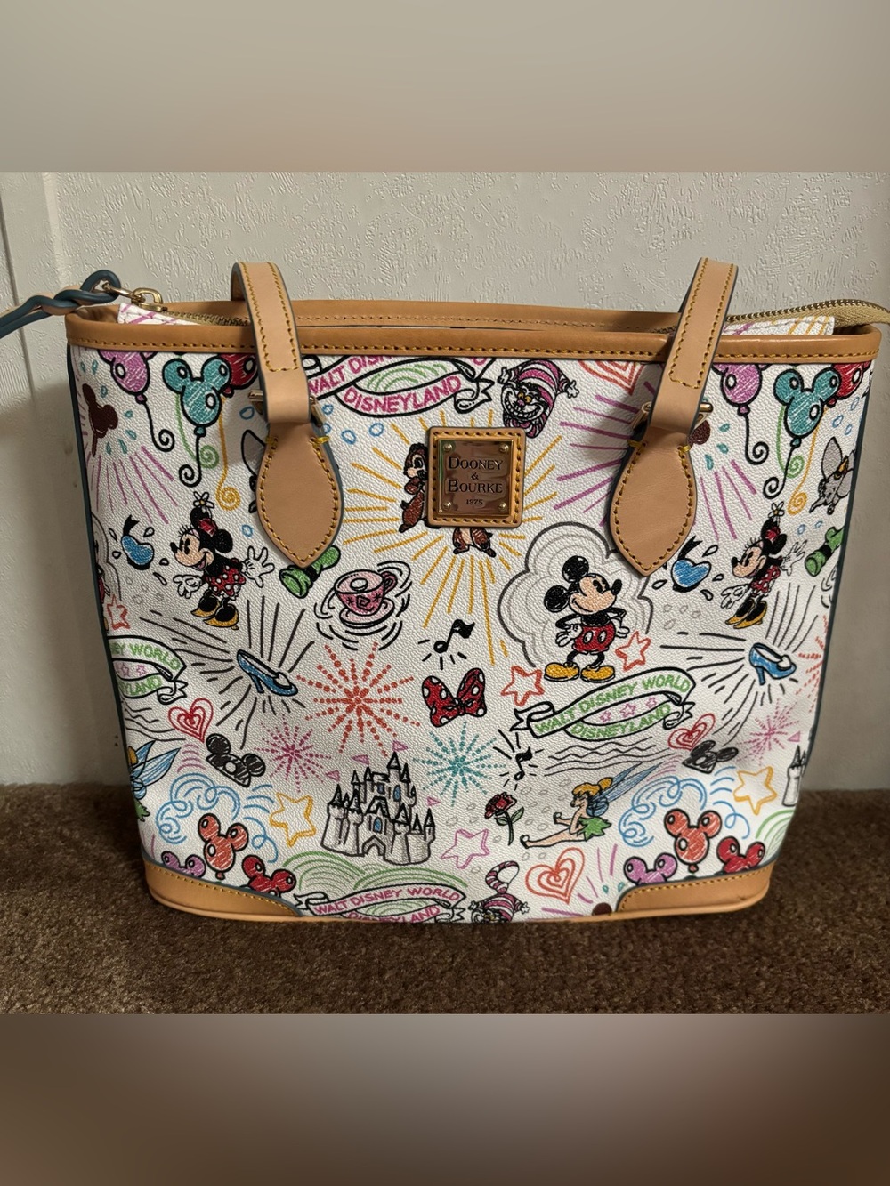 Dooney & Bourke White Multicolor Disney Sketch Tote with Tan Trim